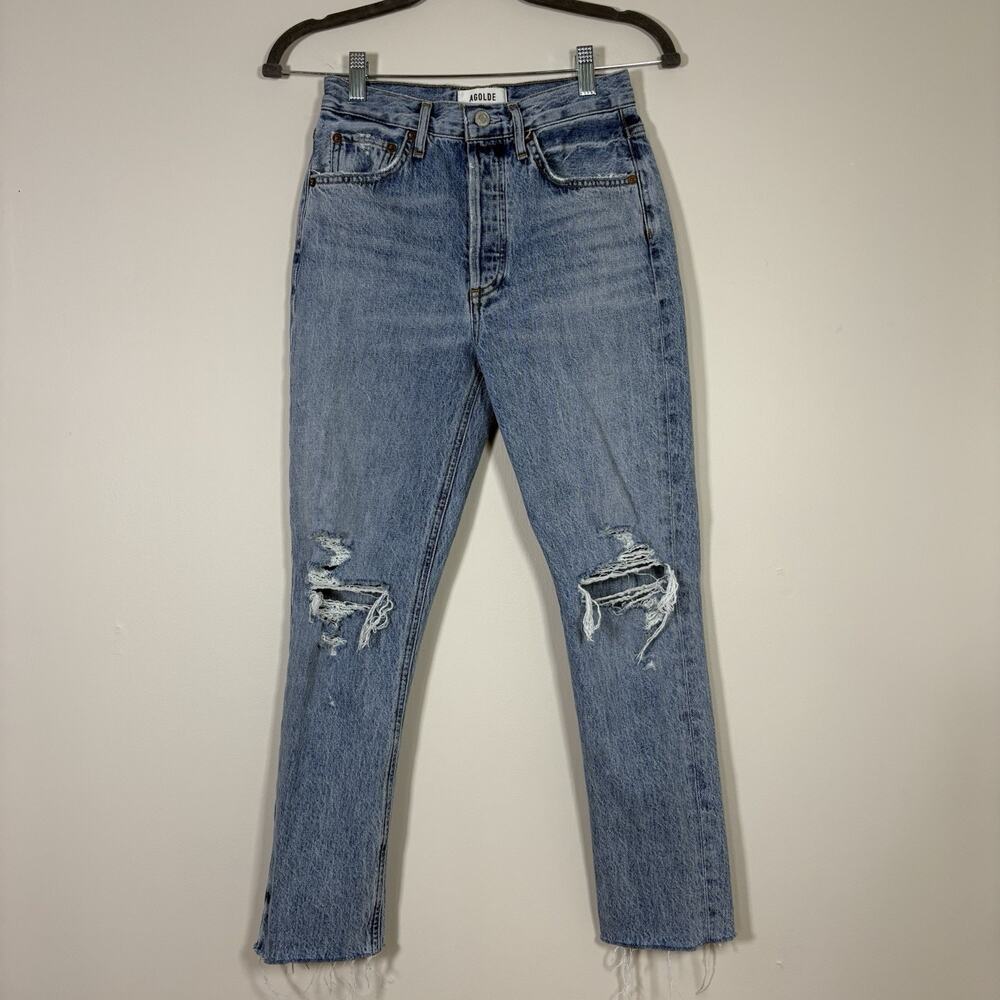 AGOLDE Riley High Rise Straight Crop Jeans Shatter Distressed Raw Hem Size 24